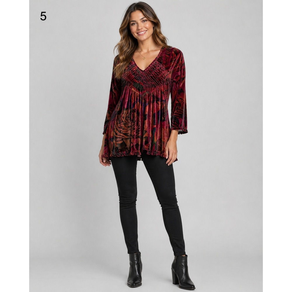 Sunny Leigh Babydoll‎ Top Womens XS Red Velvet Floral Y2K 90s Whimsigoth Ruffle